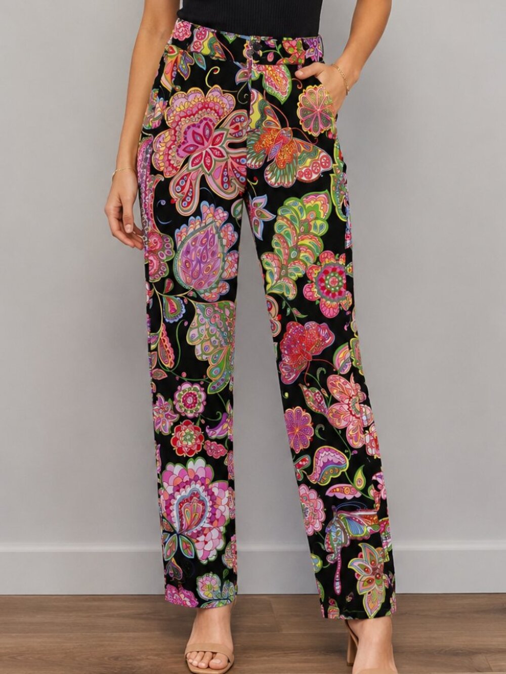 Escada Sport Womens Pants Sz 34 (US 4) Black W/Floral & Butterflies